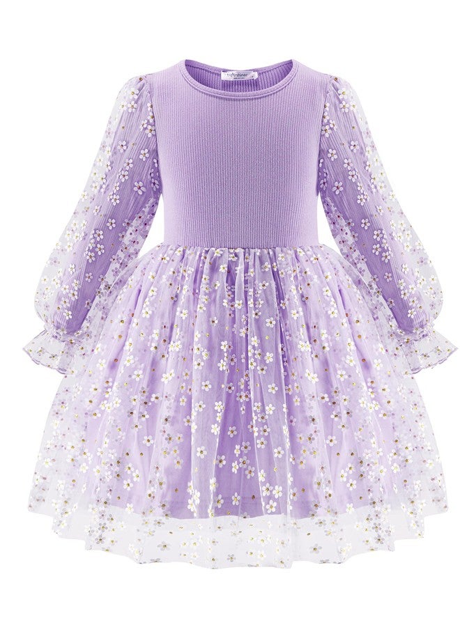 Arshiner Purple Dress for Girls Toddler Sequin Daisy Tulle Puff Long Sleeves Tutu Dress Fancy Princess Birthday Party Dress Up Size 6 - Image 1