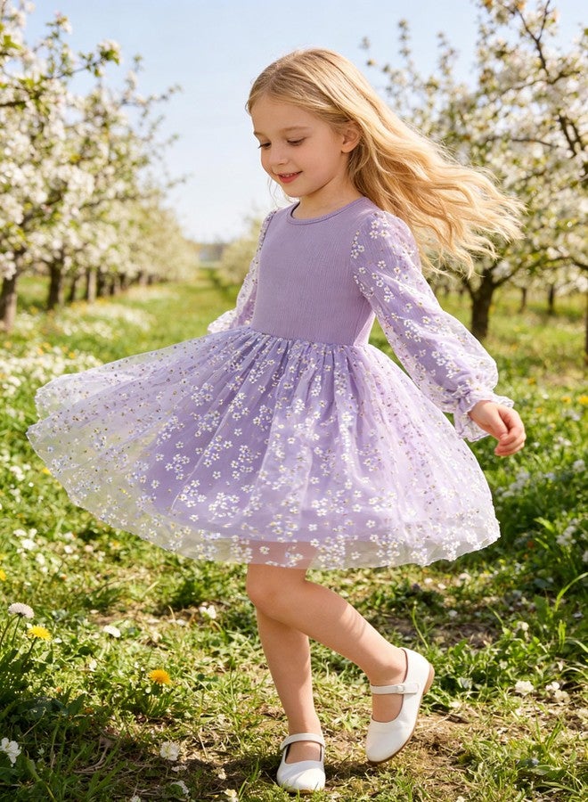 Arshiner Purple Dress for Girls Toddler Sequin Daisy Tulle Puff Long Sleeves Tutu Dress Fancy Princess Birthday Party Dress Up Size 6 - Image 3