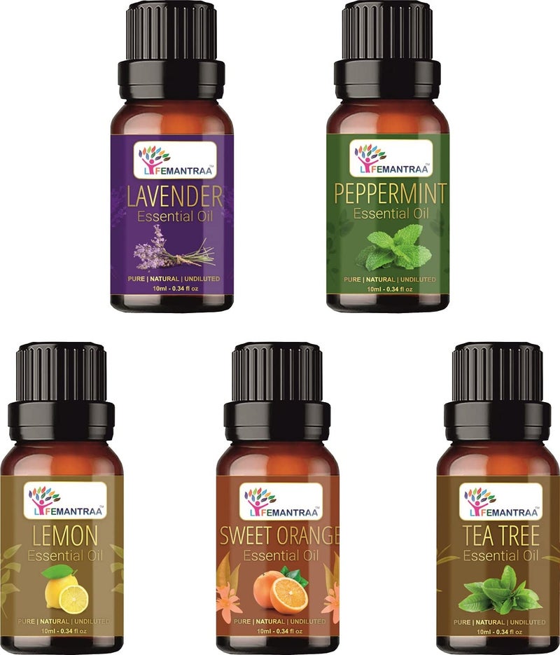 Lifemantraa Lifemantraa Pure Lavender Peppermint Lemon Sweet Orange and Tea Tree Essential Oil for Home Fragrance Diffuser Essential Oils Set for Room Air Freshener Aroma Oil Diffusers Soap Making Candle Making 10ml Each 50ml  - Image 1