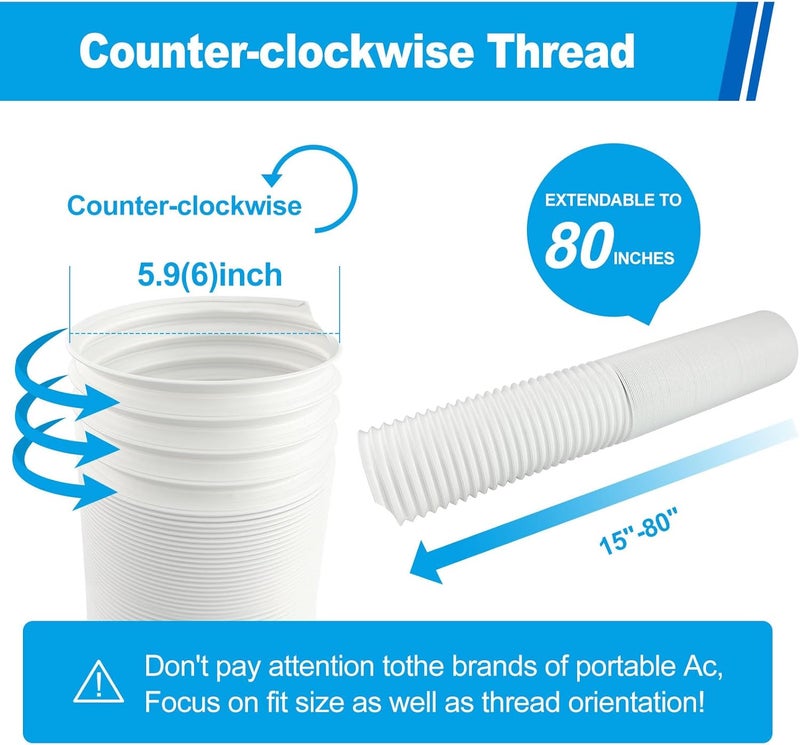 Qualward Portable Air Conditioner Hose 5.9 Inch Diameter - Exhaust Vent with Anti-Clockwise Thread, Up to 80 Inches - Image 3