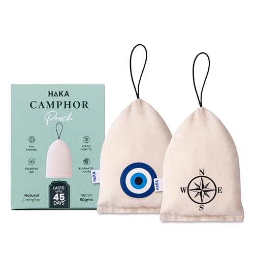 Haka Camphor Dome Pouch for Car/Wardrobe/Bathroom & Room - 100% Pure Camphor | Multipurpose Natural Chemical Free Air Freshener | Eco-Friendly Aroma Bag (Pack of 2) (Evil Eye, Compass, Natural) - Image 1
