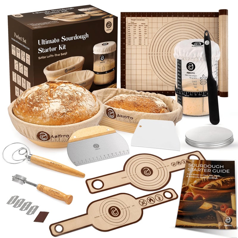 ABIOTO Sourdough Starter Kit with 10" Round & 11" Oval Banneton Proofing Basket and 34oz Starter Jar - Beginner-Friendly Sourdough Bread Baking Supplies and Baking Gifts for Women, Men, and Bread Bakers - Image 1