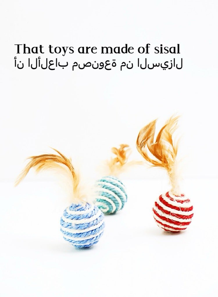 Cat Sisal feather Ball Pack of 3, Assorted Colored Sisal Balls for Cats to Scratch, Pet, Bite or Chase, Interactive Cat Toys for Indoors Cats Rotatable Interactive Rope Ball(color random) - Image 3