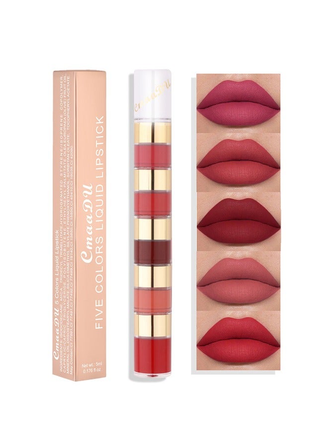 سمادو 5 ألوان أحمر شفاه سائل ، طقم أحمر شفاه صغير للنساء ، مقاوم للماء طويل الأمد أحمر غامق غير لامع ، أحمر شفاه سحري دائم صغير 24 ساعة # 02 - Image 1