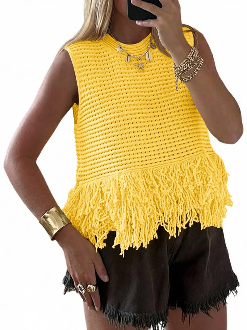 Saodimallsu Womens Crochet Crop Tank Tops Sleeveless Fringe Crew Neck Trendy Boho Knit Summer Sweater Vest Yellow - Image 1