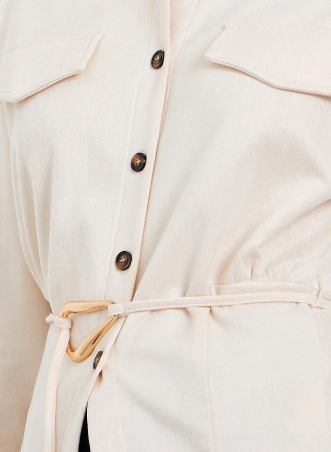 Styli Off White Long Sleeve Relaxed Fit Shirt with Belt - Image 3
