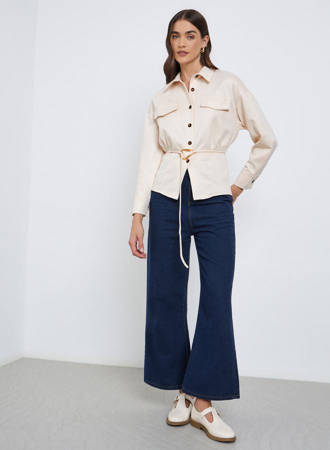 Styli Off White Long Sleeve Relaxed Fit Shirt with Belt - Image 2