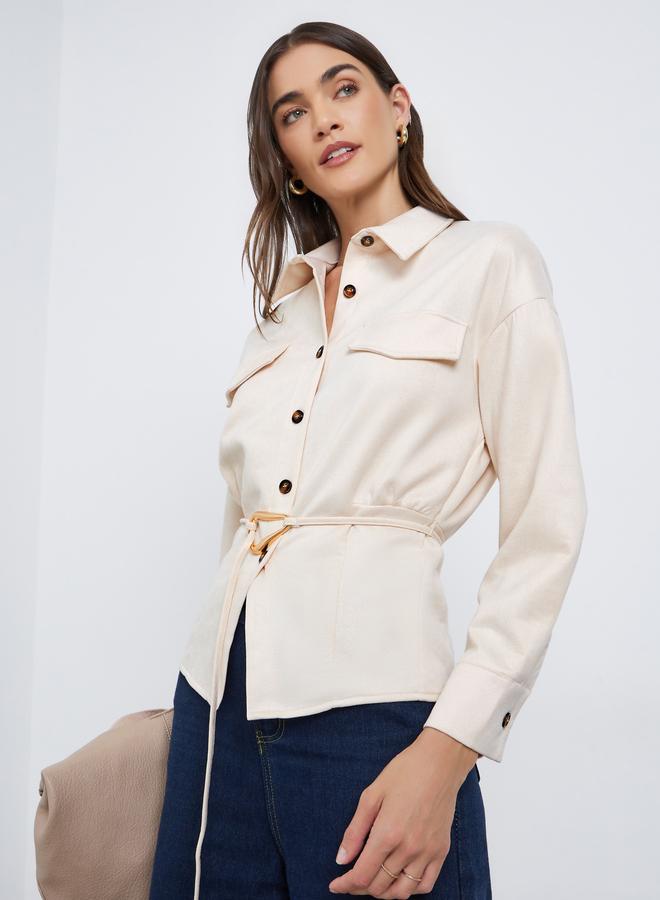 Styli Off White Long Sleeve Relaxed Fit Shirt with Belt - Image 1
