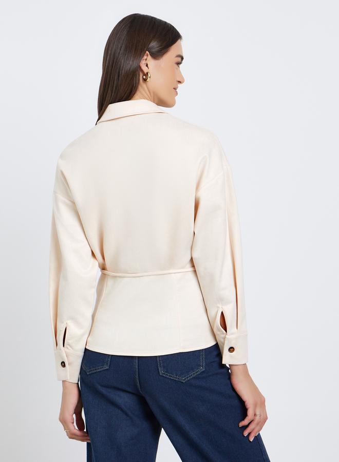 Styli Off White Long Sleeve Relaxed Fit Shirt with Belt - Image 4