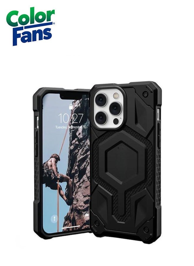 Color Fans Apple iPhone 13 Pro Case Kelvar 6.1" Monarch Pro Build-in Magnet Compatible with Magnet Charging Rugged Shockproof Dropproof Premium Protective Cover - Black  - Image 1
