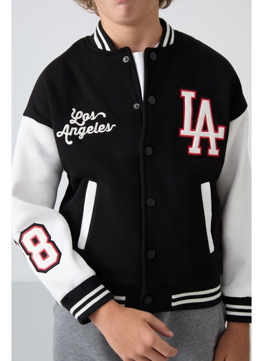 Tommy Life Black Cotton Thick Fluffy Soft Texture Standard Fit Embroidered Boy's College Jacket - 11258  - Image 3
