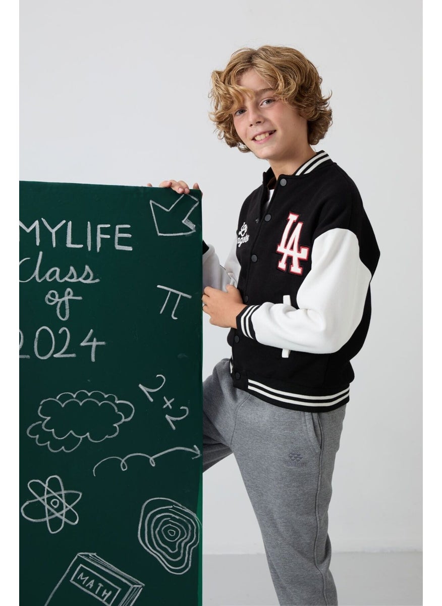 Tommy Life Black Cotton Thick Fluffy Soft Texture Standard Fit Embroidered Boy's College Jacket - 11258  - Image 5