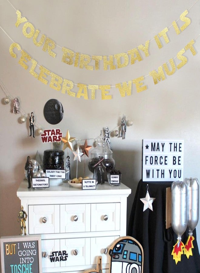 HIKLO Your Birthday It Is Celebrate We Must Banner - Gold Glitter Birthday Party Decorations, Baby Banner, Baby Cake Smash Photo Props, Hanging Party Supplies - Image 3
