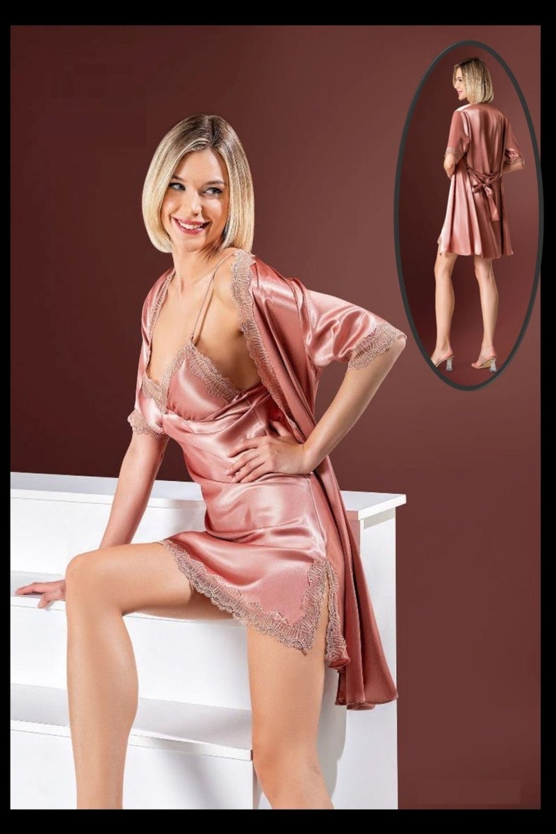 Loomerie 2568 Women's Cinnamon Dressing Gown Satin Nightgown Set 