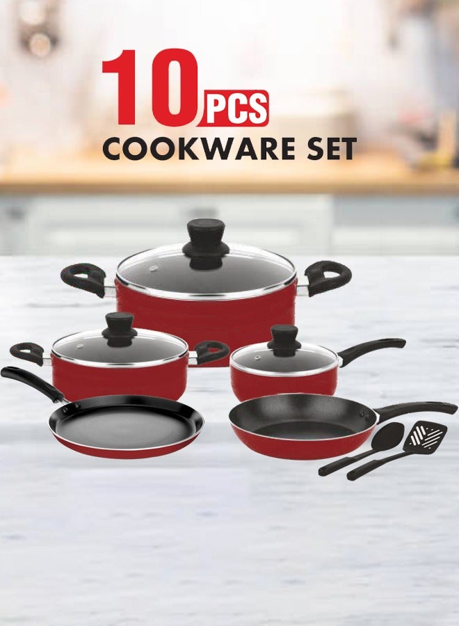 Easy Cook 10 Pcs Non Stick Smart Cookware Set | Non Stick Forged Aluminum Body Tempered Glass Lid With Wide Stainless Steel, Maroon  - Image 2
