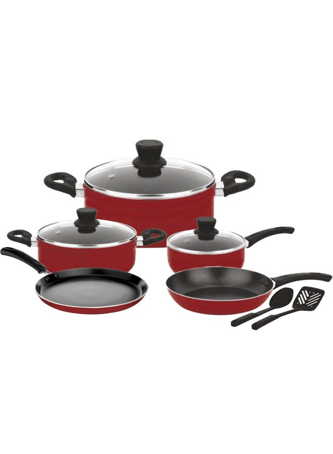 Easy Cook 10 Pcs Non Stick Smart Cookware Set | Non Stick Forged Aluminum Body Tempered Glass Lid With Wide Stainless Steel, Maroon  - Image 1