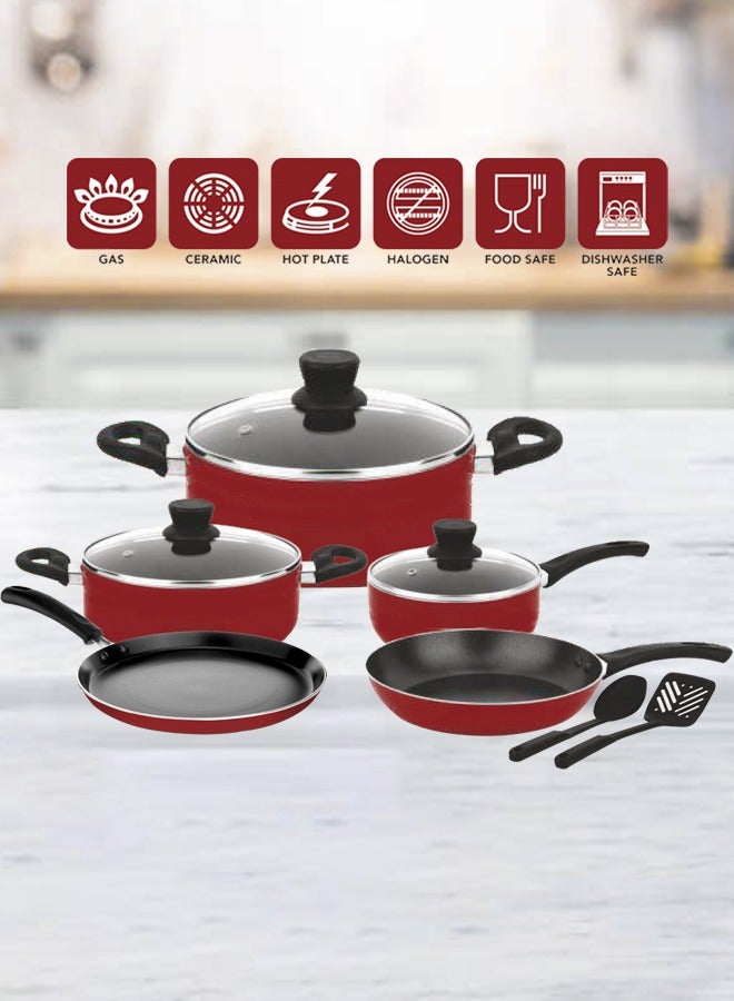 Easy Cook 10 Pcs Non Stick Smart Cookware Set | Non Stick Forged Aluminum Body Tempered Glass Lid With Wide Stainless Steel, Maroon  - Image 3