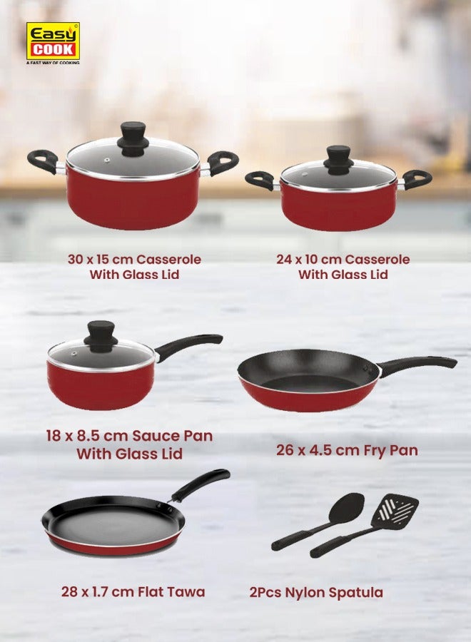 Easy Cook 10 Pcs Non Stick Smart Cookware Set | Non Stick Forged Aluminum Body Tempered Glass Lid With Wide Stainless Steel, Maroon  - Image 4