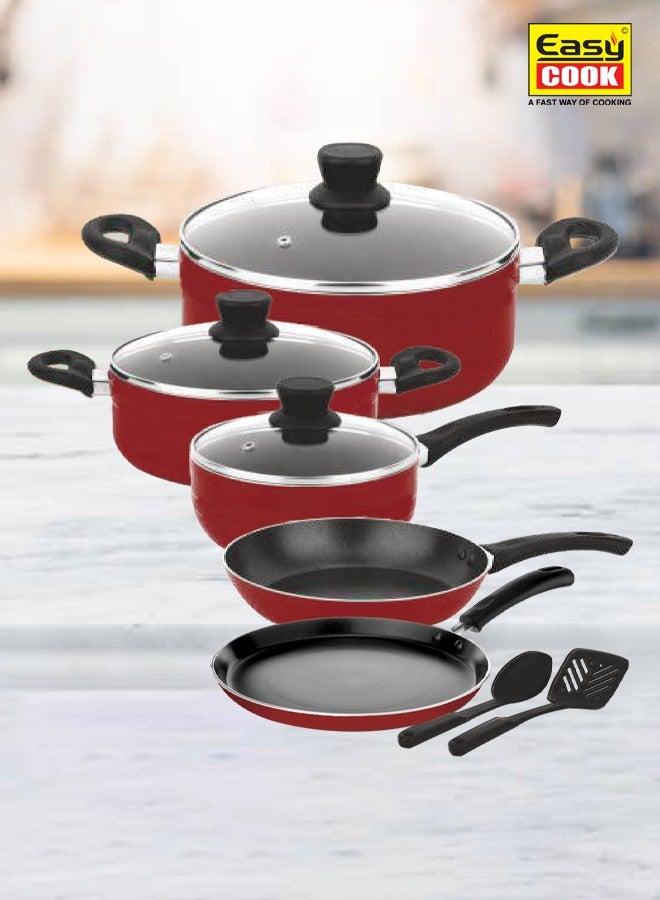 Easy Cook 10 Pcs Non Stick Smart Cookware Set | Non Stick Forged Aluminum Body Tempered Glass Lid With Wide Stainless Steel, Maroon  - Image 5