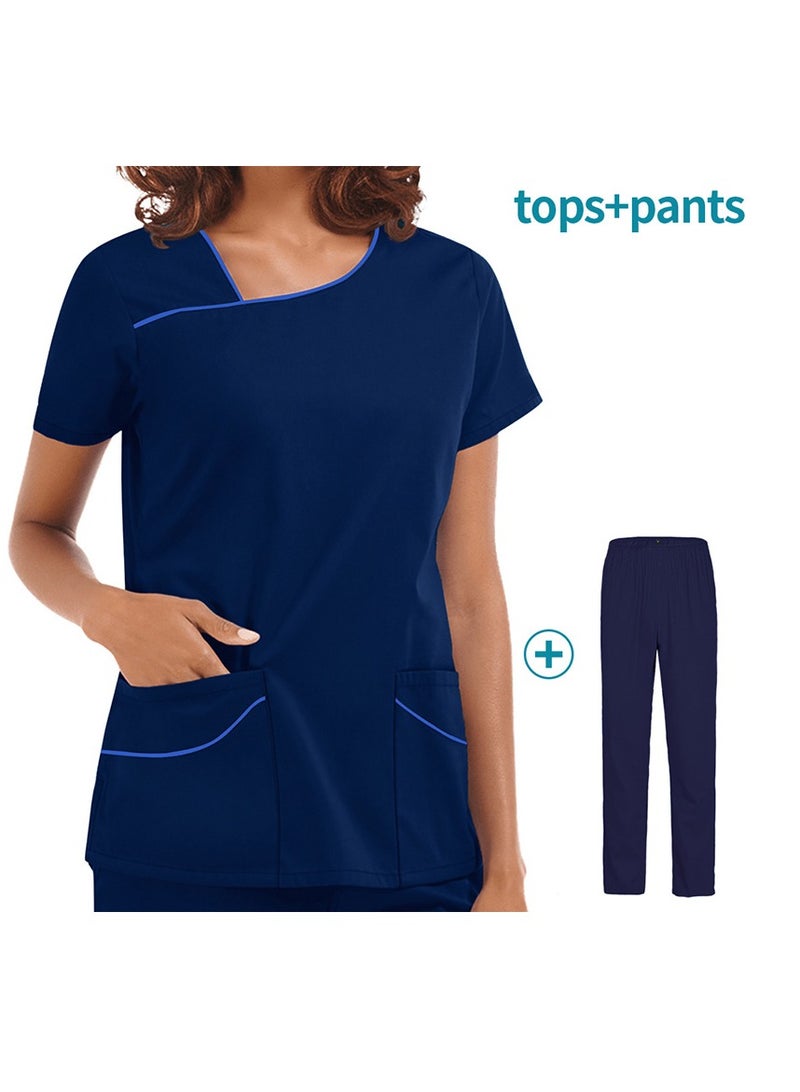 Loquat Womens Medical Uniform Scrubs 2 Piece Set Top and Elastic Waist Pants Suit Navy Blue - Image 1