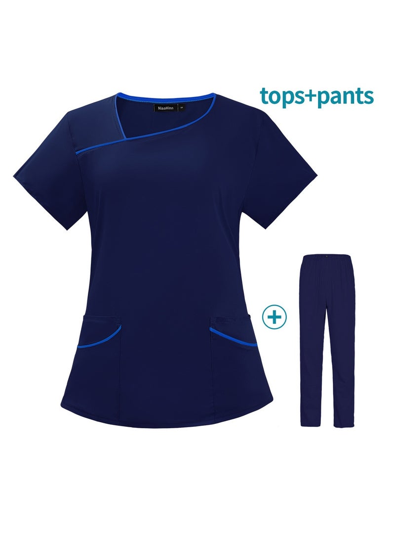 Loquat Womens Medical Uniform Scrubs 2 Piece Set Top and Elastic Waist Pants Suit Navy Blue - Image 2