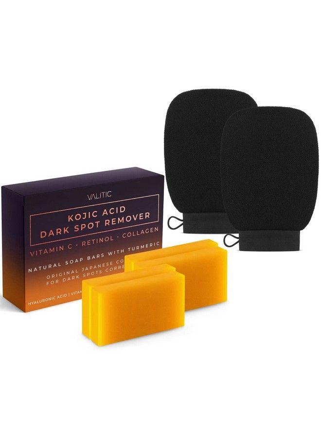 VALITIC 4 Pack Kojic Acid Dark Spot Remover Soap Bars With Vitamin C Retinol Collagen Turmeric Original Japanese Complex With Hyaluronic Acid & A Pair Of Black Exfoliating Gloves For Body Scrub  - Image 1