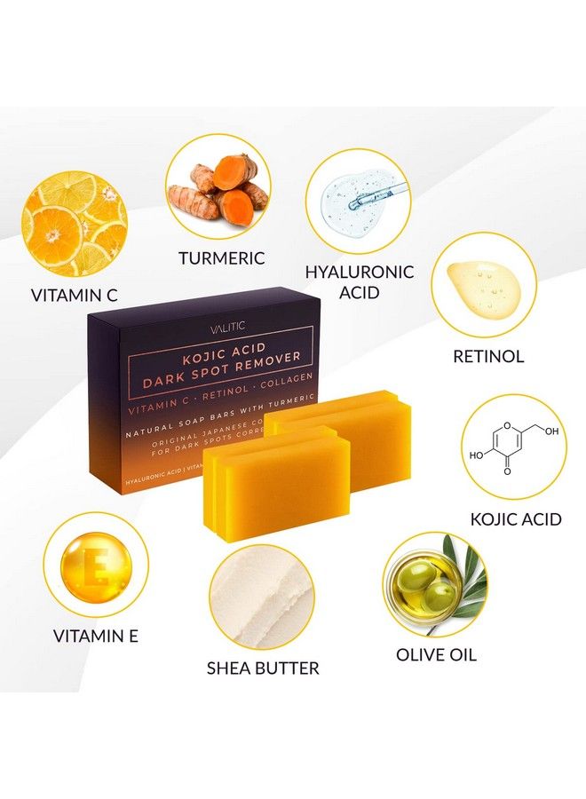 VALITIC 4 Pack Kojic Acid Dark Spot Remover Soap Bars With Vitamin C Retinol Collagen Turmeric Original Japanese Complex With Hyaluronic Acid & A Pair Of Black Exfoliating Gloves For Body Scrub  - Image 5