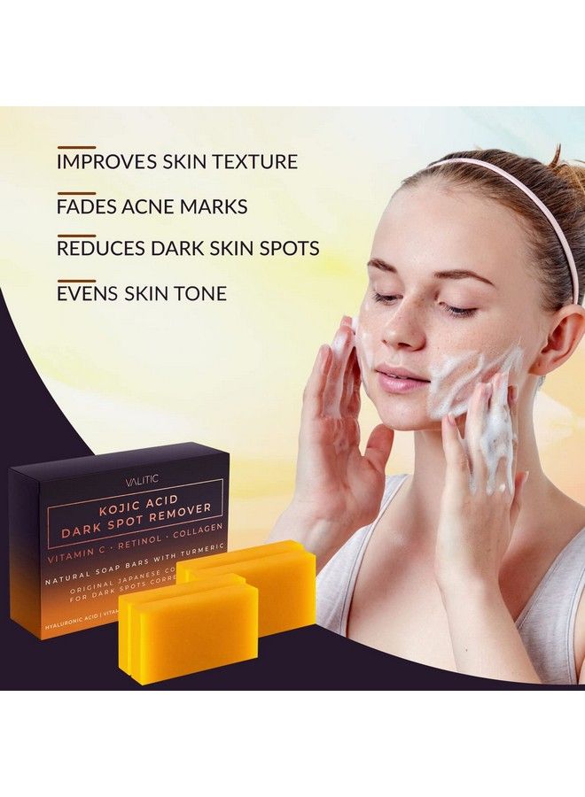 VALITIC 4 Pack Kojic Acid Dark Spot Remover Soap Bars With Vitamin C Retinol Collagen Turmeric Original Japanese Complex With Hyaluronic Acid & A Pair Of Black Exfoliating Gloves For Body Scrub  - Image 4