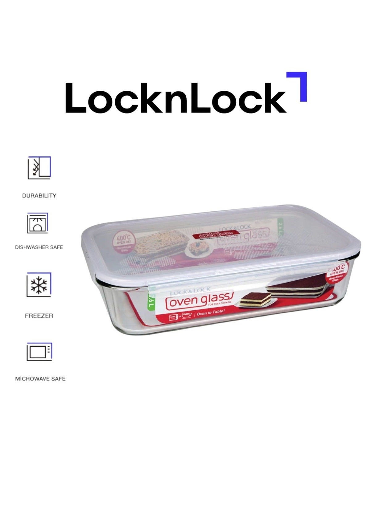 LOCK & LOCK LocknLock Oven Glass Rectangular Food Container 3.6L Airtight with 4-Side Locking Lid, Microwave & Oven Safe, Durable Heat-Resistant Glass for Baking, Meal Prep, and Leftovers