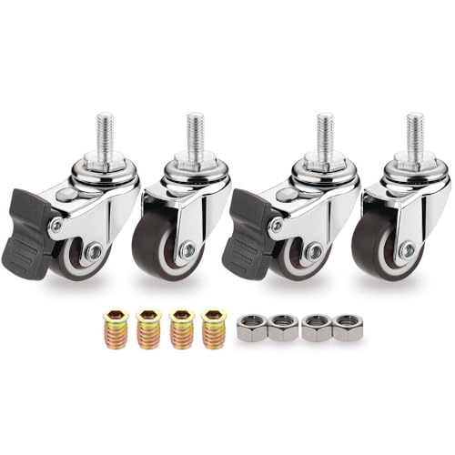 QAVBFA 1 Inch Mini M6 x 15mm Swivel Caster Wheels Set of 4(2 with Brakes & 2 Without), Small Tiny Shopping Cart Wheel Rubber TPE Perfect Caster Set for Small Furniture and Equipment - Image 1