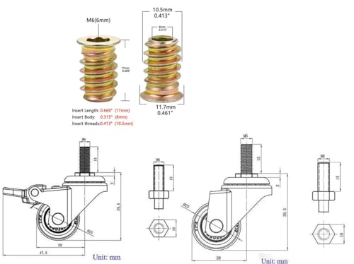QAVBFA 1 Inch Mini M6 x 15mm Swivel Caster Wheels Set of 4(2 with Brakes & 2 Without), Small Tiny Shopping Cart Wheel Rubber TPE Perfect Caster Set for Small Furniture and Equipment - Image 3