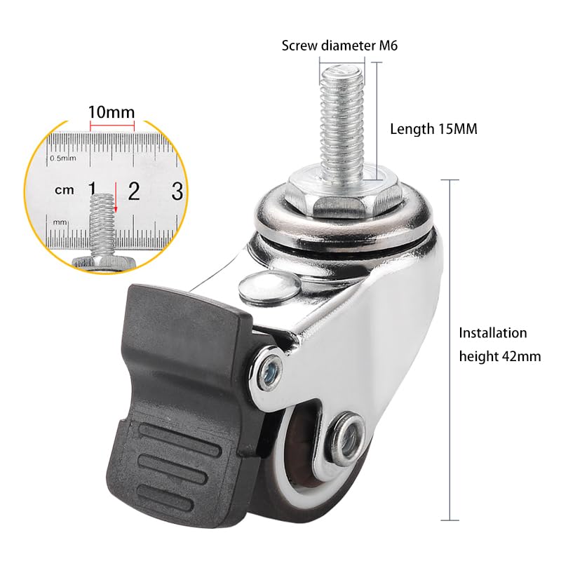 QAVBFA 1 Inch Mini M6 x 15mm Swivel Caster Wheels Set of 4(2 with Brakes & 2 Without), Small Tiny Shopping Cart Wheel Rubber TPE Perfect Caster Set for Small Furniture and Equipment - Image 2