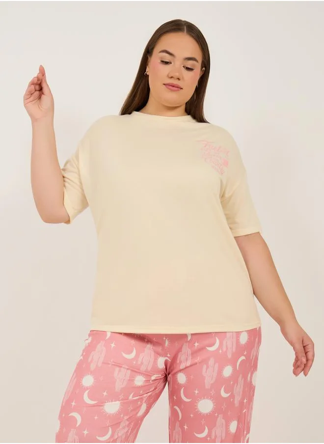 Styli Plus Size Graphic Print T-Shirt and Pyjama Set