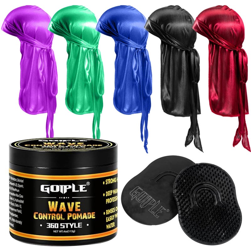 Goiple Silky Durags for Men Wave Pomade Strong Hold Easy Wash 360 Wave Training Hair Cream Waves Grease for Men Promotes Layered Waves Silky Satin Durag Extra Long Tails Wave Brushe Silky Durag Wave Cap Set