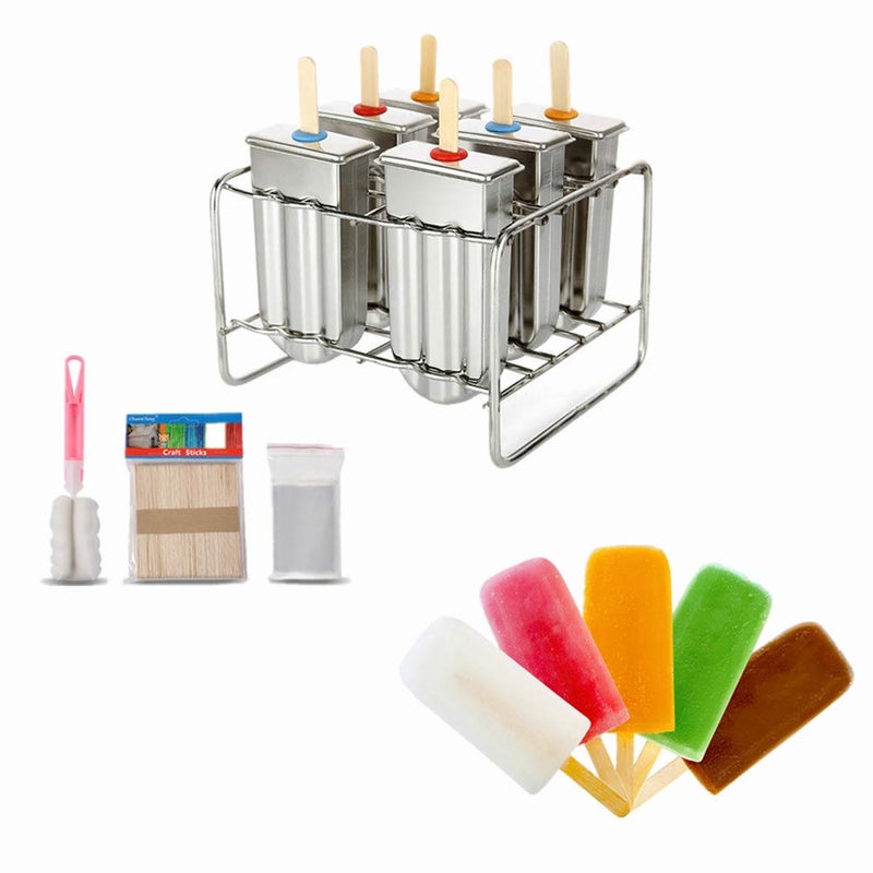 YOSOO Ice Lolly Mold Stainless Steel Mold Ice Cream Mould with Stick Holder Base Lolly Maker Set DIY Ice Cream Mould Maker Freezer Set of 6 
