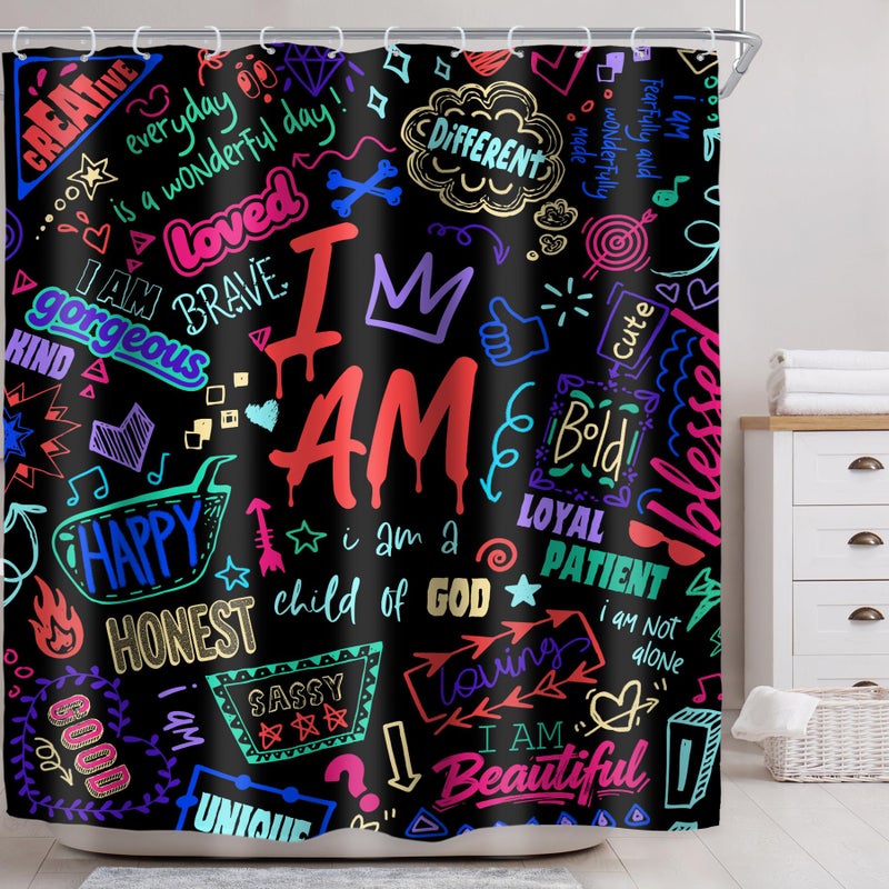 Riyidecor Kids Colorful Quotes 4Pcs Bathroom Shower Curtain Sets Neon I Am Inspirational Bathroom Decor Set with Rugs and Accessories Abstract Toilet Lid Rug, Contour and Bath Mat with 12 Hooks - Image 2