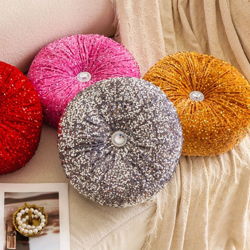 Rose Pink Dutch Velvet Shiny Round Pumpkin Pillow for Living Room Bedroom Sofa Decor - Image 3