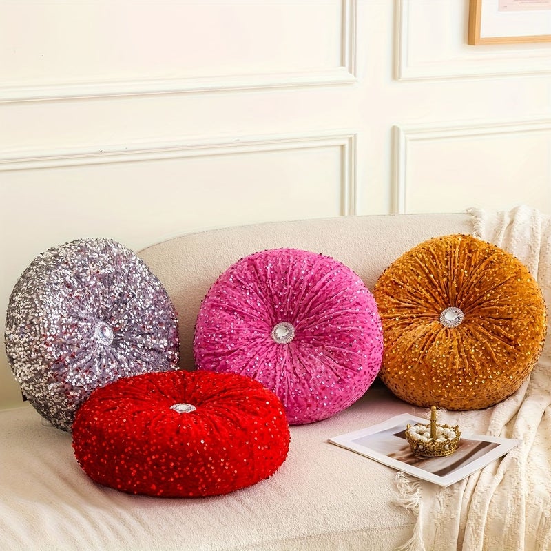 Rose Pink Dutch Velvet Shiny Round Pumpkin Pillow for Living Room Bedroom Sofa Decor - Image 1