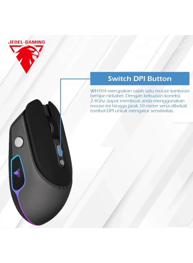 JeDEL WH104 Wireless Mouse – Rechargeable Dual Mode (2.4G + Bluetooth 5.1), Adjustable DPI up to 3200, Ergonomic Design with RGB Lighting – Black - Image 4