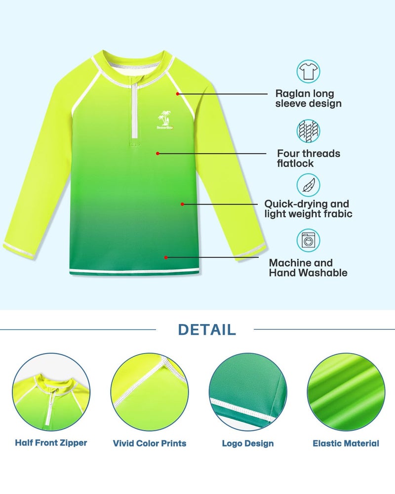 BesserBay Little Boys Long Sleeve Green Gradient Yellow Front Zip Rashguard Shirt UPF 50+ Color Block Swimming Top 5-6 Years - Image 3