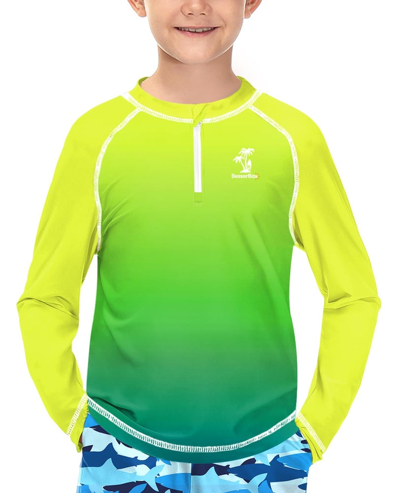 BesserBay Little Boys Long Sleeve Green Gradient Yellow Front Zip Rashguard Shirt UPF 50+ Color Block Swimming Top 5-6 Years - Image 1