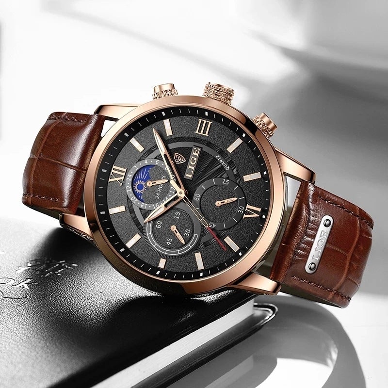 Lige 8932 New Multi-Function Chronograph Running Seconds Business Outdoor Belt Waterproof Quartz Watch Men'S Watch - Image 3