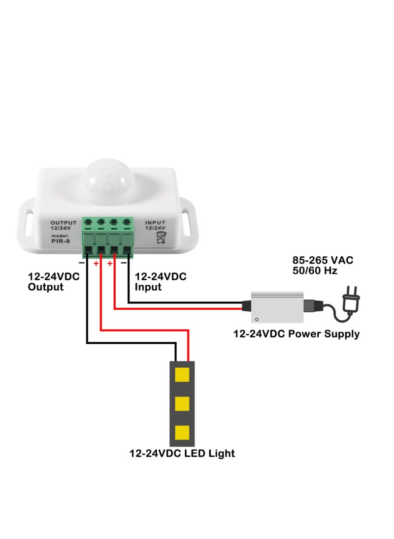 Excefore - DC 12V 24V PIR Sensor LED Motion Sensor Switch, 2 Pcs Body Infrared Sensing Detector, for Timer Function Automatic Sign Control PIR Controller LED Light Strips (White) - Image 1