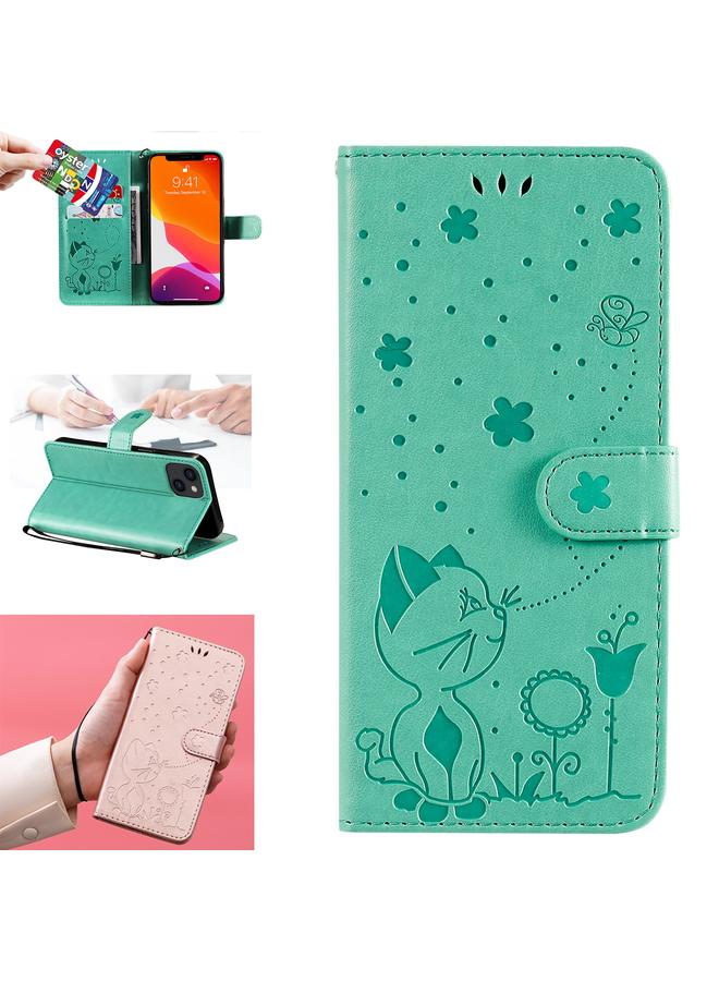 زبون جراب لهاتف iPhone 13 من الجلد المقاوم للصدمات بتصميم نحلة قطة مع حامل وفتحات للبطاقات ومحفظة - Image 1