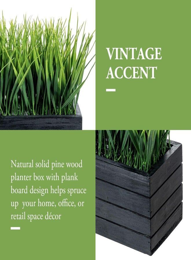 MyGift 14 Inch Artificial Green Grass Plant in Vintage Black Wood Planter Window Box, Faux Greenery in Decorative Rectangular Crate Style Wooden Container - Image 2