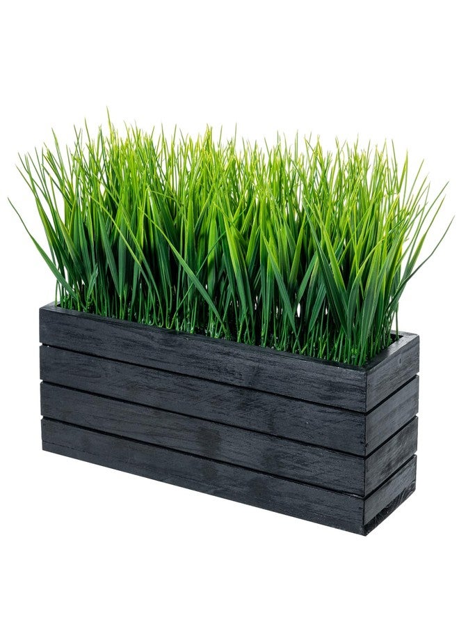 MyGift 14 Inch Artificial Green Grass Plant in Vintage Black Wood Planter Window Box, Faux Greenery in Decorative Rectangular Crate Style Wooden Container - Image 1
