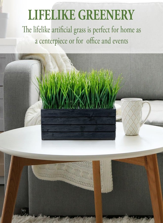 MyGift 14 Inch Artificial Green Grass Plant in Vintage Black Wood Planter Window Box, Faux Greenery in Decorative Rectangular Crate Style Wooden Container - Image 3