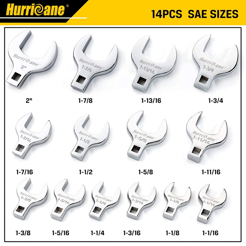 HURRICANE 1/2” Drive Crowfoot Wrench Set, 14 Piece Jumbo Crowfoot Flare Nut Wrench Tool Set, SAE Sizes from 1-1/16" to 2" with Storage Tray, With Fully Polished Chrome Finished - Image 2