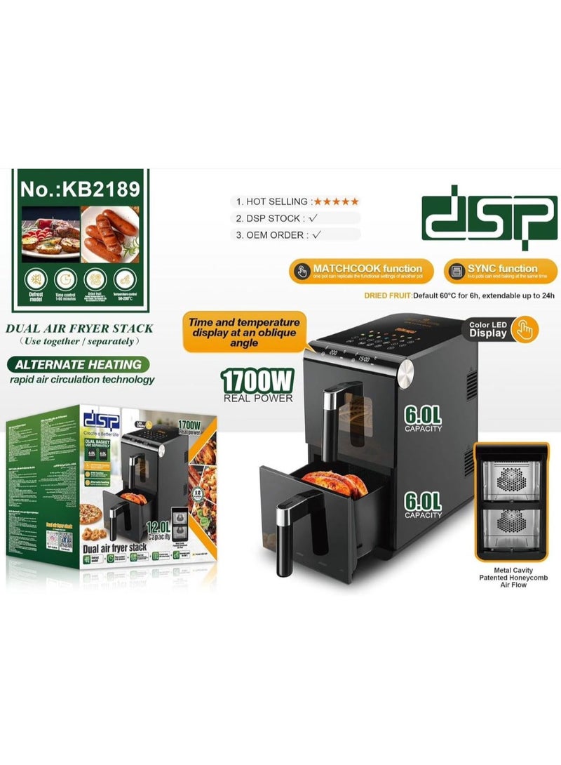 DSP KB2189 12L Dual Stack Air Fryer – Double Basket, SYNC/MATCHCOOK, 1700W, 13 Presets, Teflon Coated - Image 4