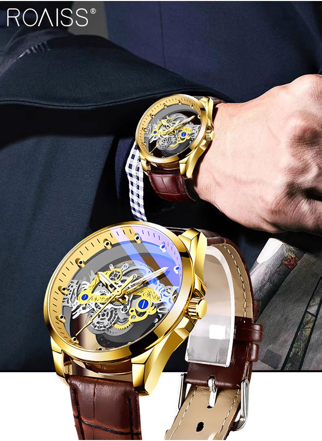 roaiss Men's Leather Strap Quartz Watch Analog Display Round Transparent Hollow Dial Imitating Mechanical Watch Design Waterproof Luminous Wristwatch as Gift for Men  - Image 1